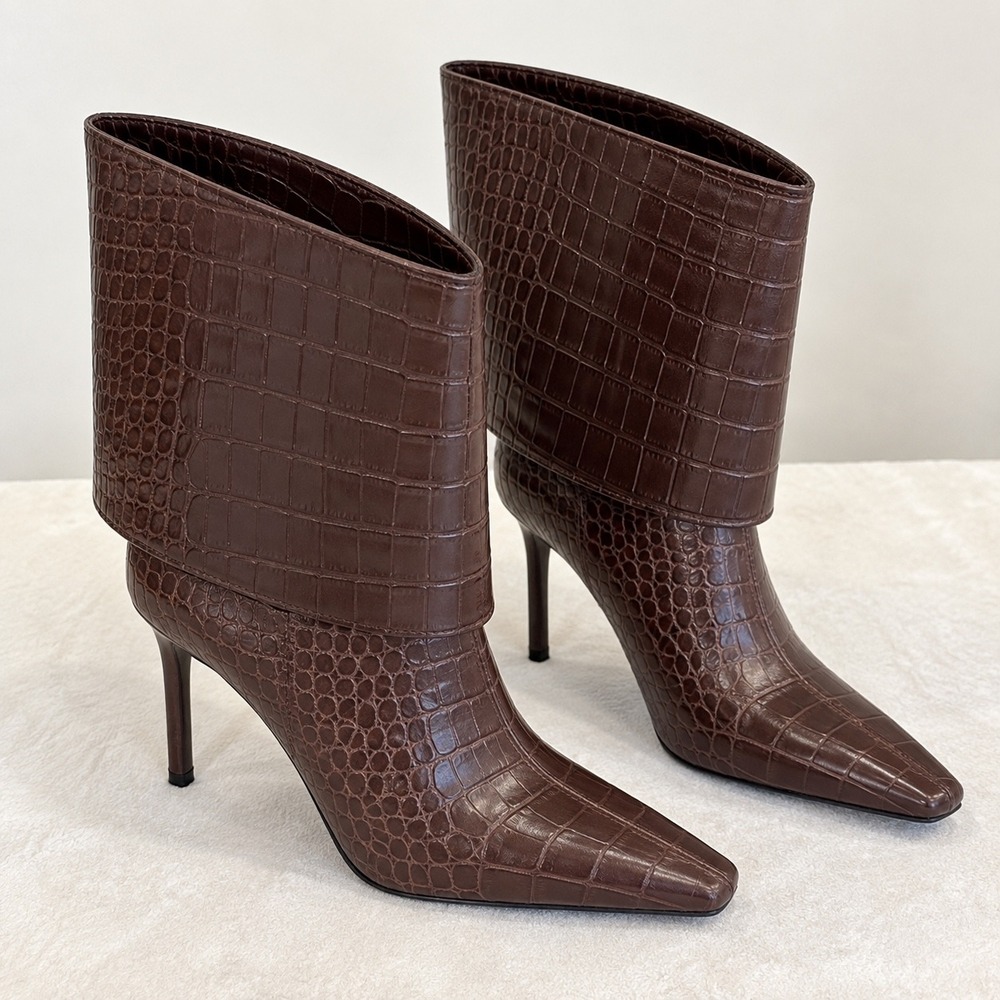 Woods by Jordyn Rev Cuff Heel Brown Croco Boots Size 8 Square Toe Stiletto